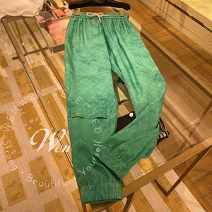 wen英国代购新款lv女士蓝绿色老花暗纹真丝休闲裤d16