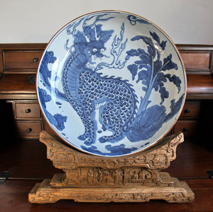 清代早期顺治蕉叶麒麟青花大盘罕见17世纪真精全品康熙雍正明宣德