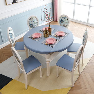 地中海风格家具实木圆形餐桌椅组合家用小户型伸缩圆桌子30人付款