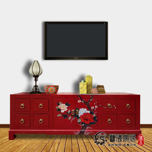 彩绘家具中式电视柜彩漆实木手绘彩绘漆柜红色牡丹客厅装饰茶几柜