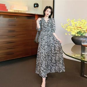 【水墨年华】泡泡水墨黑白画连衣裙女夏2022新款高腰显廋油画裙