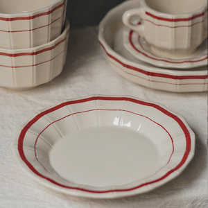 拾器集盘子红色陶瓷复古家用菜盘平盘浅盘汤盘高级感碟子家用餐具