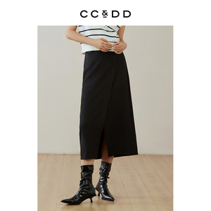CCDD2024春季新款女装时尚百搭黑色前片开叉直身纯色半身长裙