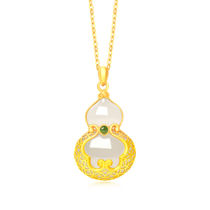 金葫芦吊坠女 999足金福禄金镶玉挂坠 和田玉黄金挂件24k纯金礼物