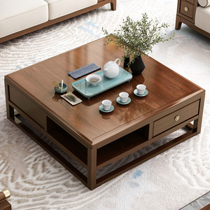 茶几新中式乌金木实木茶几茶桌1.2米正方形大茶几客厅套装茶台桌