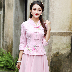 民国风女装复古唐装套装女中国短款茶服春秋茶艺服装对襟旗袍上衣