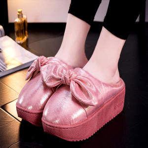亮闪闪防水棉拖鞋高跟粉色蝴蝶结拖鞋厚底女冬外穿防滑软底棉拖女