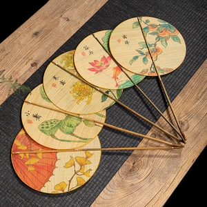 手工竹丝印花团扇 日式团扇 中国风古典圆形扇子 女式汉服舞蹈扇