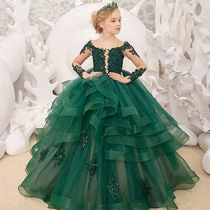 新款跨境欧美儿童婚纱礼服女童长袖蕾丝表演生日公主蛋糕长裙