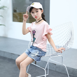 夏季少儿女孩韩版时尚洋气两件套潮中大童小学生百搭上衣牛仔短裤