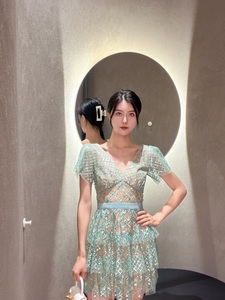 香港代购正品selfportrait绿色网纱亮片女士短袖有袖裹身连衣裙sp