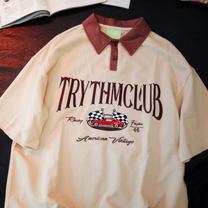 复古老爷车刺绣短袖vintage美式休闲男女翻领t恤上衣春夏季毛圈棉