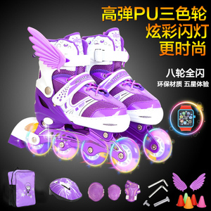 溜冰鞋儿童全套装旱冰鞋轮滑鞋8全闪光亮灯小孩子汗留冰鞋PU划紫