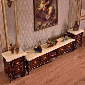 欧式电视柜实木大理石面客厅茶几组合简欧橡木雕花储物地柜卧室柜