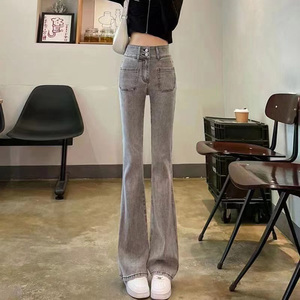 韩国微喇牛仔裤女烟灰色夏季新款高腰修身显瘦直筒显高阔腿喇叭裤