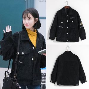 李知恩iu同款黑色灯芯绒秋外套女宽松休闲复古百搭秋冬夹克上衣潮