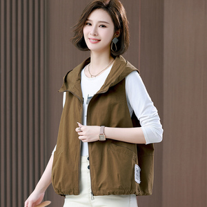 纯棉布马甲女短款连帽宽松百搭春秋休闲马夹外穿无袖坎肩中年妈妈