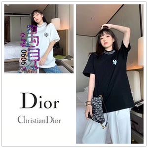 dior/迪奥 春夏新款小蜜蜂骷髅领口字母logo刺绣高领短袖男 t恤女