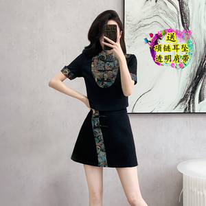 新中式复古国风时髦高级炸街洋气少女年轻黑色旗袍短袖连衣裙套装