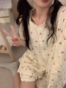 甜美少女小樱桃纯棉纱布睡衣女夏天圆领蕾丝荷叶边短袖家居服套装