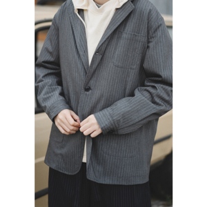 【stillslow】复活款 日系复古休闲宽松灰色条纹西装外套男女夹克