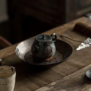 壶承鎏金铁锈釉茶承 陶瓷茶壶托盘日式手工 功夫茶具储水干泡盘