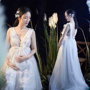 20孕妇摄影服装唯美白色网纱裙影楼孕妈咪大肚照写真婚纱时尚拍照