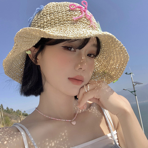 蝴蝶结草帽女夏季度假风海边沙滩太阳帽子大帽檐可折叠防晒遮阳帽