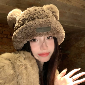 可爱小熊帽子女秋冬季韩版百搭大头围毛绒帽显脸小保暖护耳针织帽
