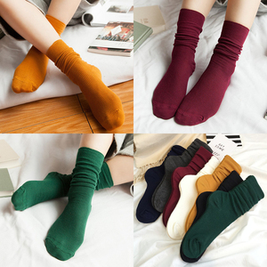 秋冬季堆堆袜女韩国竖纹双针纯色森系复古日系短靴糖果色中筒袜子