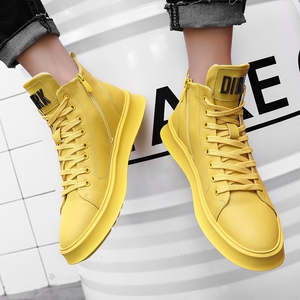 品牌保证欧洲站黄色高帮鞋男春秋季街头嘻哈板鞋网红中帮男鞋子潮