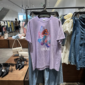 URAX2024夏季新款女装卡通印花紫色宽松纯棉短袖T恤上衣UWL432221