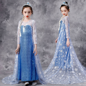 夏女童动画片cosplay表演服装艾莎公主裙长款披风拖地亮片裙子
