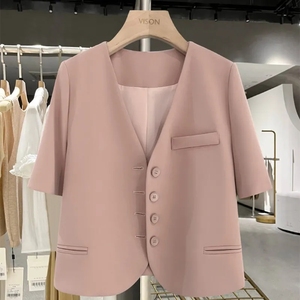 外贸原单出口品牌专柜尾单夏季薄款粉色小个子西装外套短袖西服女
