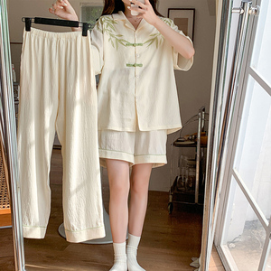 新中式睡衣夏季女款带胸垫一体式短袖长裤三件套装薄款夏天家居服