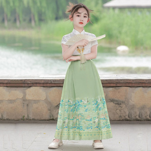 女童中国风古装改良马面裙套装女孩大童夏款汉服儿童明朝服装日常