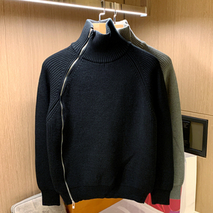 欧洲站潮牌黑色高领毛衣男冬季个性侧拉链加厚针织衫男士保暖上衣