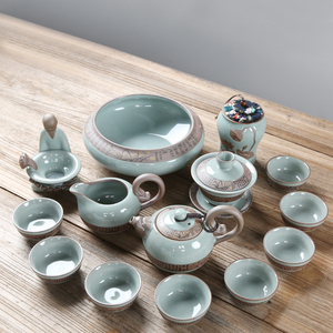 家用哥窑茶杯套装整套陶瓷汝窑青瓷功夫茶具套装盖碗礼盒冰裂茶盘
