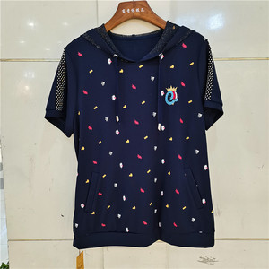 亨格舒25090大码女装短袖连帽镶钻针织t恤中年妈妈运动上衣2022夏