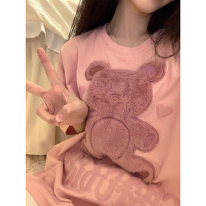 粉色小熊短袖t恤女ins潮2022新款夏季宽松显瘦上衣女oversize纯棉