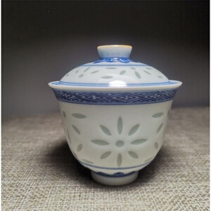 景德镇老厂货瓷器 早期寒窑款 青花手绘缠枝莲冰梅百财小盖碗盖杯