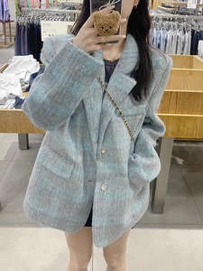 韩版格子毛呢西装外套女春秋设计感小众高级感chic西服夹克上衣潮