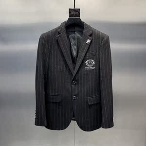 欧洲站2021秋冬新款羊毛欧美时尚刺绣胸标竖条纹修身西服便西男潮