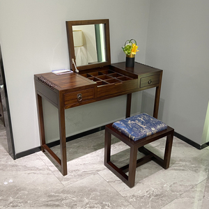 elder_ye淘宝新中式梳妆台化妆桌带凳子一体带方镜圆镜妆凳黑檀木