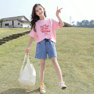 儿童t恤女夏2022新款洋气女童短袖中大童9岁女孩简约夏季半袖上衣