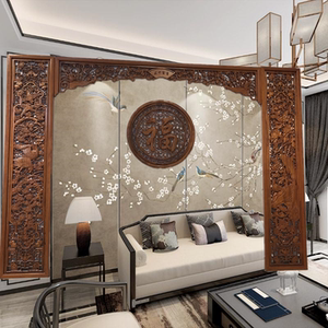 东阳木雕实木雕花客厅电视背景墙木隔断玄关壁挂中式全屋整装定制