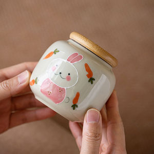 可爱少女心茶叶罐 手绘兔子吃萝卜陶瓷小号便携茶仓绿茶花茶