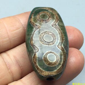 古董 文玩回流 藏传老绿玛瑙龙纹【六眼天珠】精品老料 颈饰吊坠