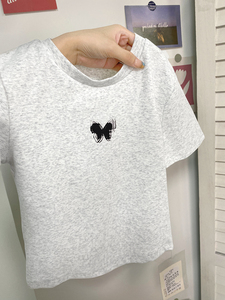 小个子短款露脐上衣设计感蝴蝶印花短袖T恤女夏季修身内搭打底衫