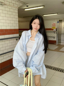 气质韩系条纹长袖防晒POLO领衬衫女2024夏季宽松设计感中长款上衣